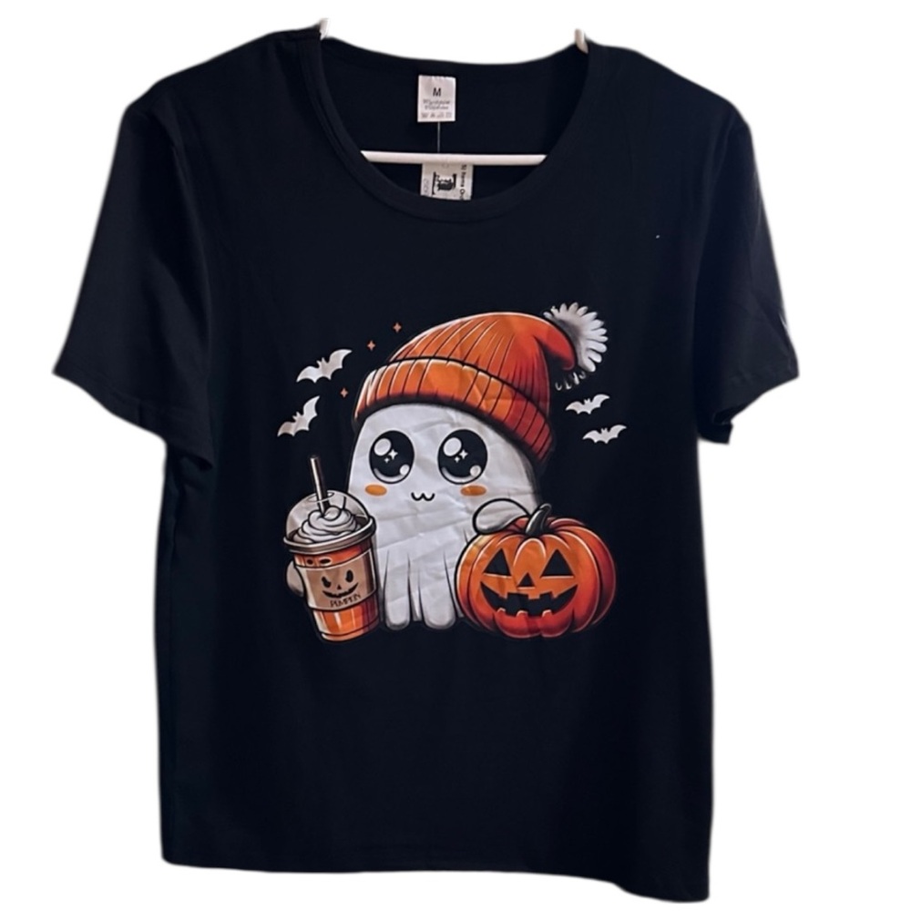 Pumpkin Boo Spice Black Short Sleeve Tee Shirt. Adorable Little Ghost & Pumpkins
